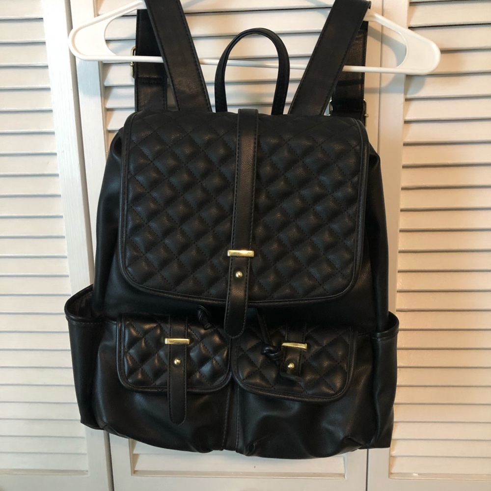 Black quilted leather backpack